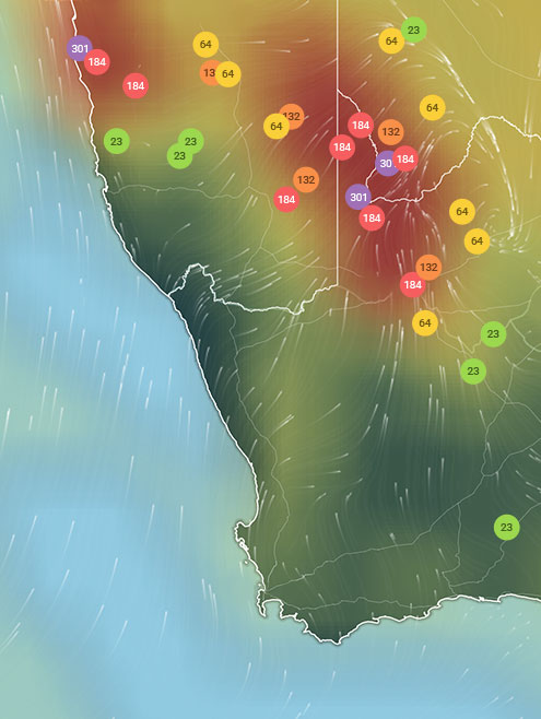 Carte IQAir avec points colorées AQI